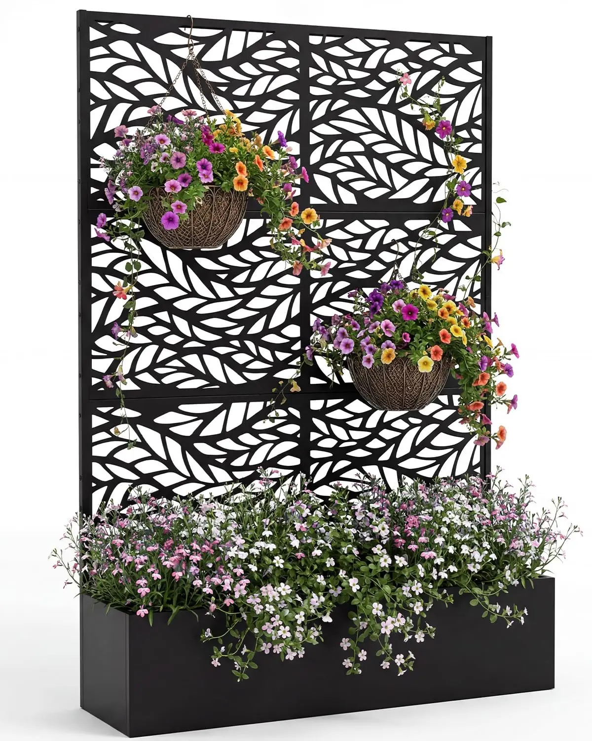 Bac à plantes en métal de 70,86 pouces avec écran de confidentialité en treillis intégré, grand potager surélevé d'extérieur avec découpes en forme de feuille et trous de drainage, support décoratif pour plantes grimpantes, paniers suspendus, fleurs et vignes, montage facile en DIY pour patio, jardin et balcon.