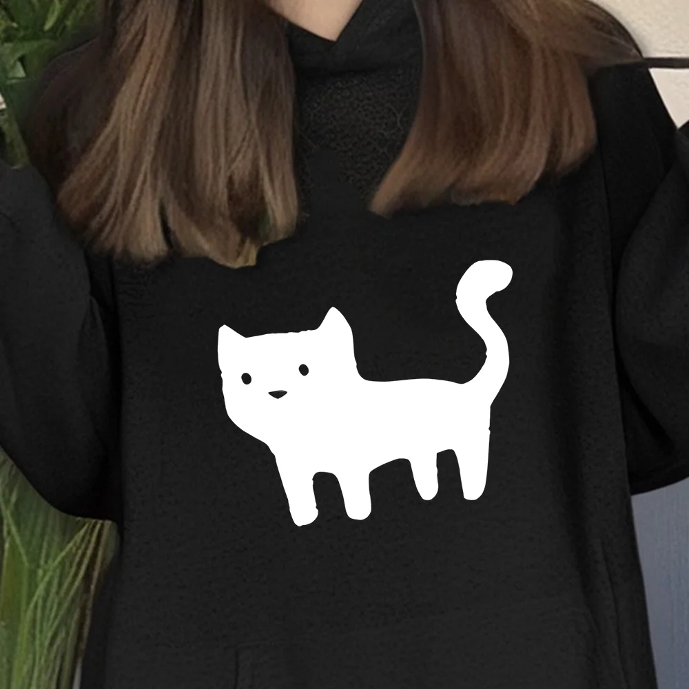 

Simple Cat Relaxing Hoodie White Cat Outline Graphic Casual Loose Long Sleeved Autumn Winter Minimalist Cute Comfortable Top