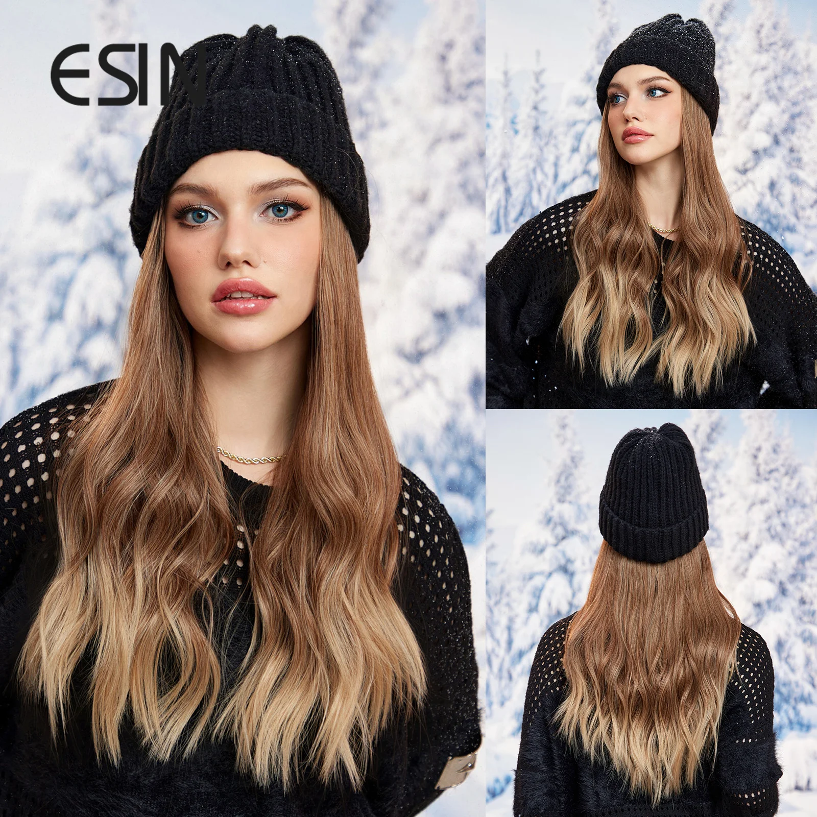 

ESIN Hat Wigs Long Wavy Hair Blonde Wigs With Baseball Cap Synthetic Fiber Hair Wigs With Cap For Women Girls Winter Daily Use