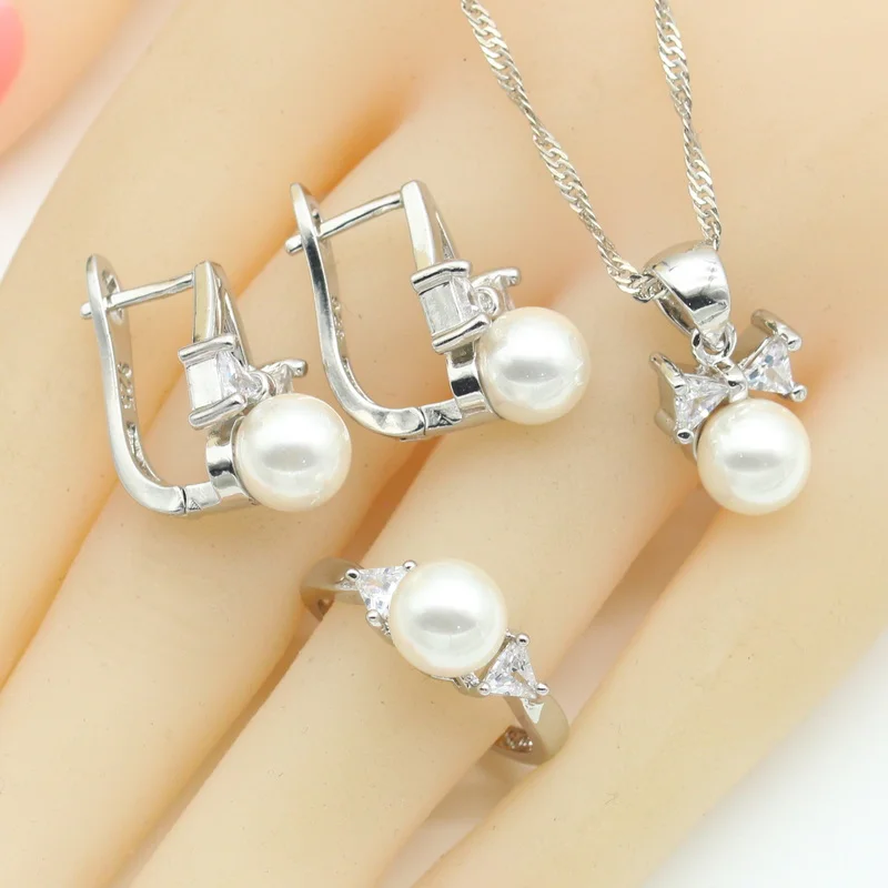 White Pearls Silver Color Jewelry Set for Women Hoop Earrings Necklace Pendant Open Ring Gray Pink Blue 5 Colors Available