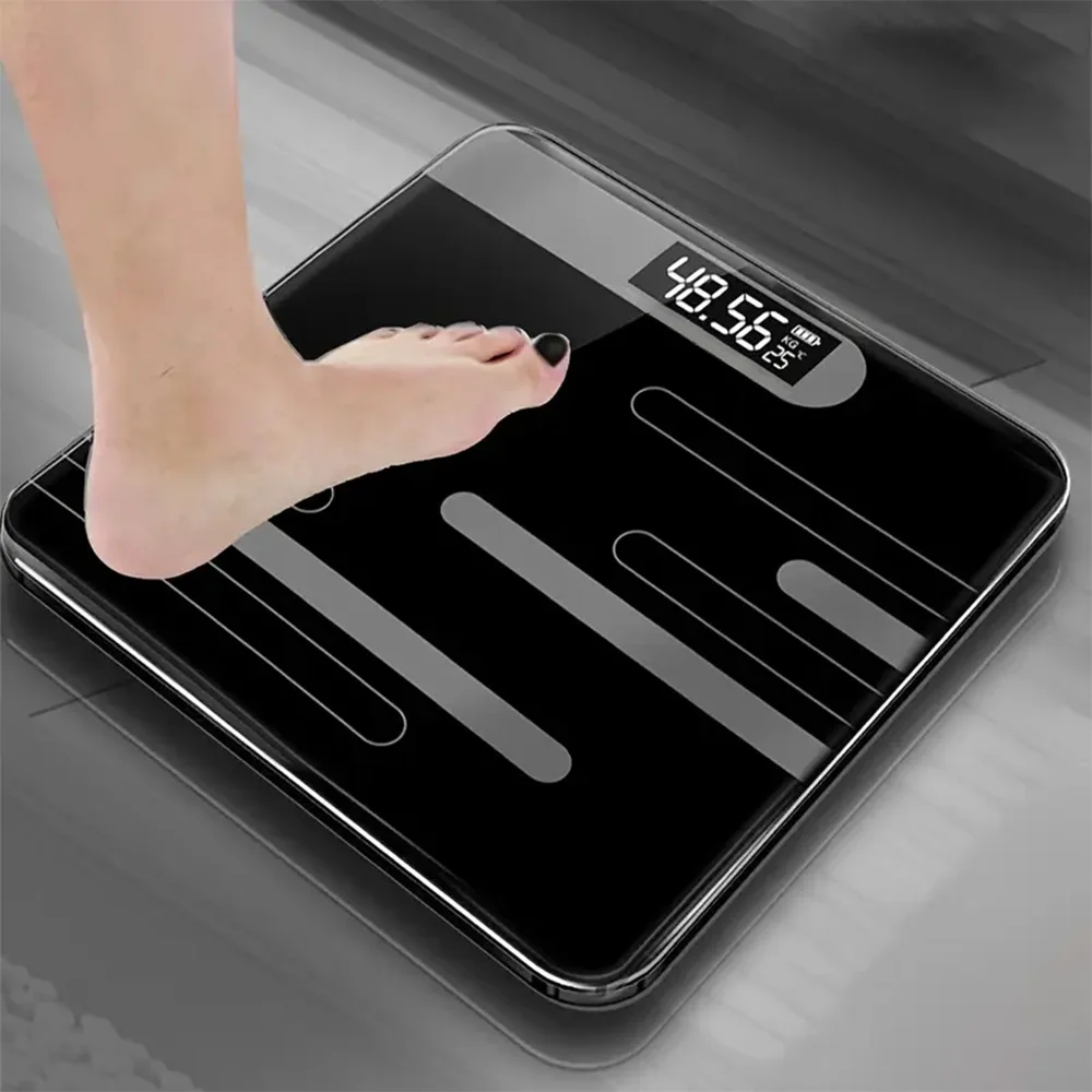 Báscula corporal Báscula inteligente de vidrio digital Pantalla LCD Pantalla de temperatura Pesaje corporal Báscula de baño Negra