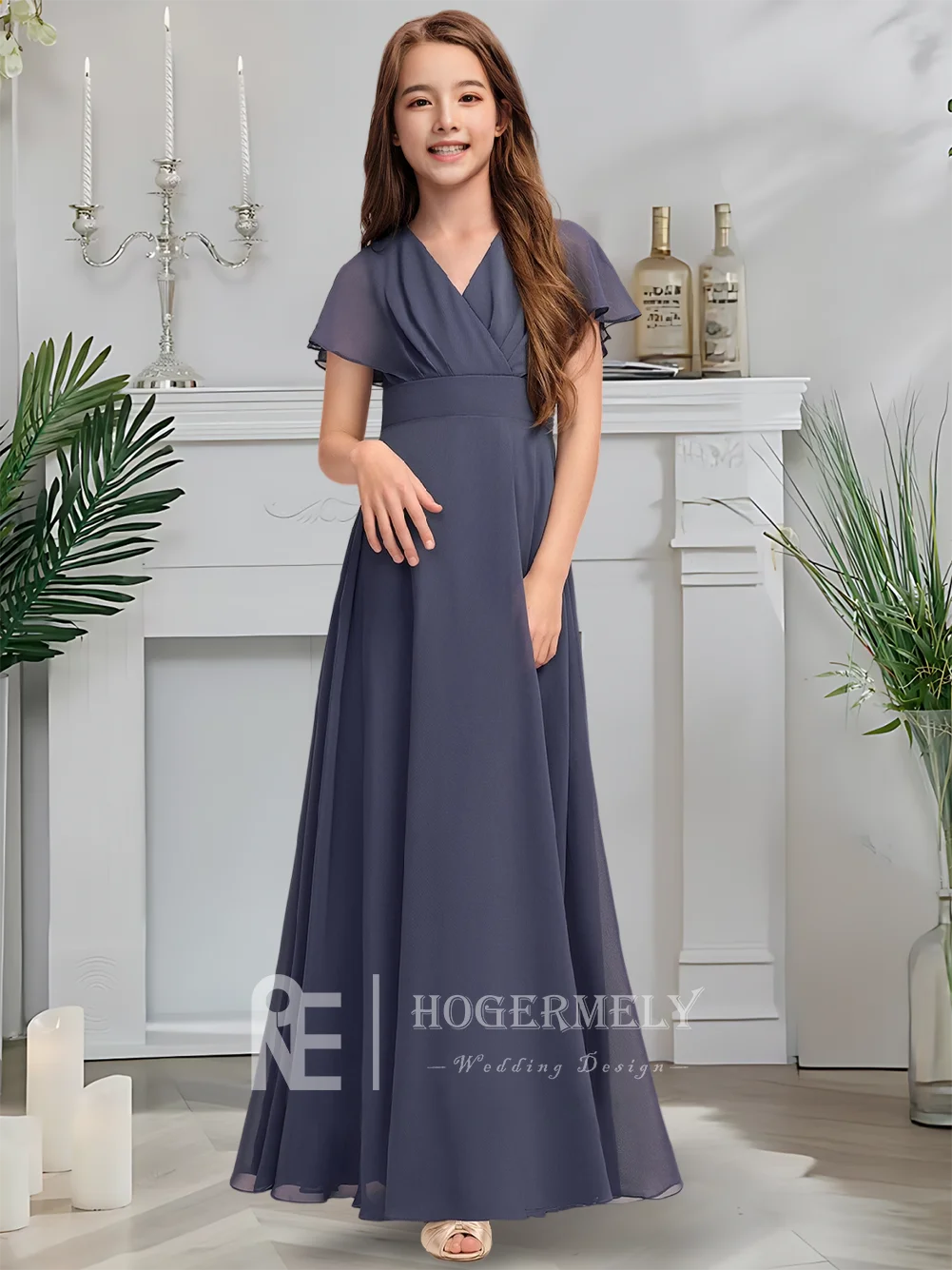エレガントな V ネック シフォン ジュニア ブライドメイド ドレス スレート フラワー ガール ドレス ガウン プリーツ スカート付き フォーマルなお祝いに