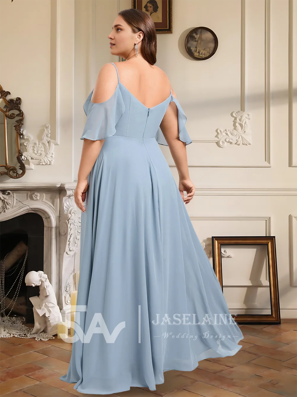 Luxury A-Line Chiffon Bridesmaid Dresses Floor-Length Cold Shoulder Spaghetti Straps Ruffle Wedding Party Evening Cocktail Women