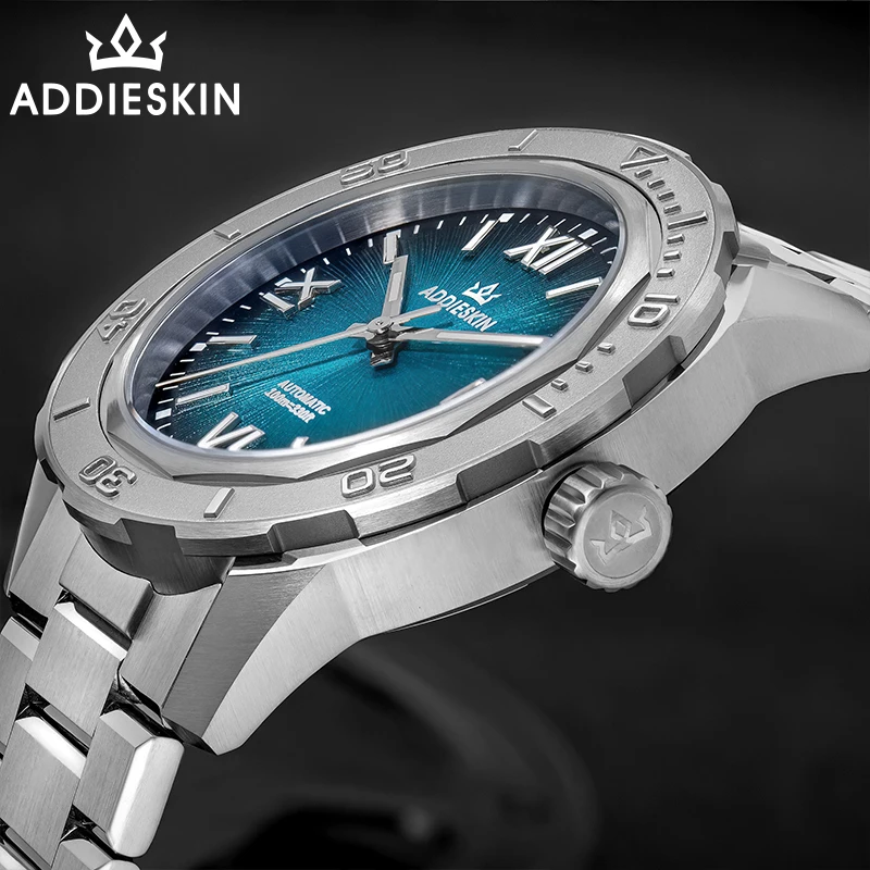 ADDIESKIN K002 BGW9 Автоматические механические часы с сапфировым стеклом, светящиеся в темноте, мужские, из нержавеющей стали, городские, геометрические, деловые наручные часы