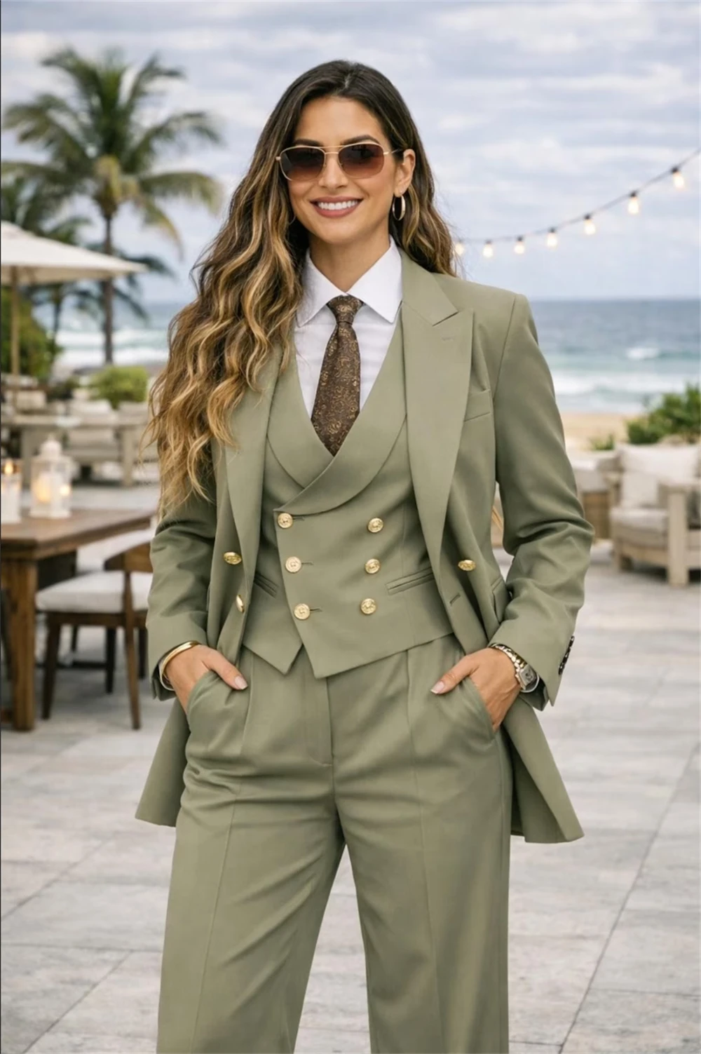Beige 3-Piece Women's Suit  Slim Fit Peak Lapel Double Breasted Formal Office Lady Blazer Set (Jacket+Vest+Pants)