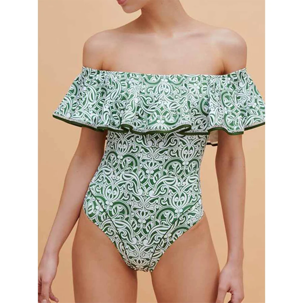 

Female Retro Swimwear One-Shoulder Printed Ruffled Swimsuit Holiday Beachwear Designer Bathing Suit Summer Surf Wear