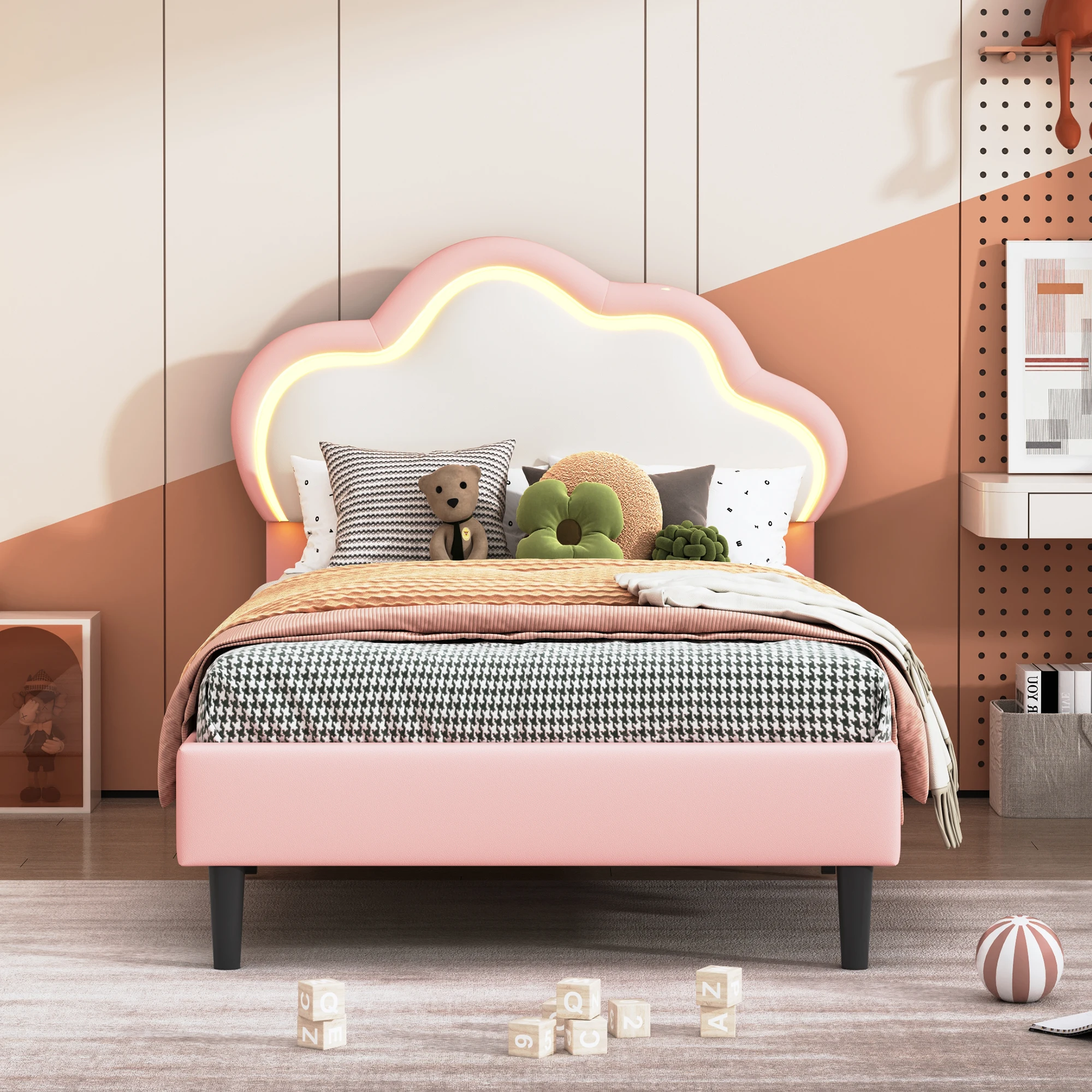 Meisjesbed, 90x 200cm, eenpersoonsbed voor kinderen, roze prinsessenbed, met LED-verlichting, verstelbaar hoofdeinde, wolkvormig hoofdeinde