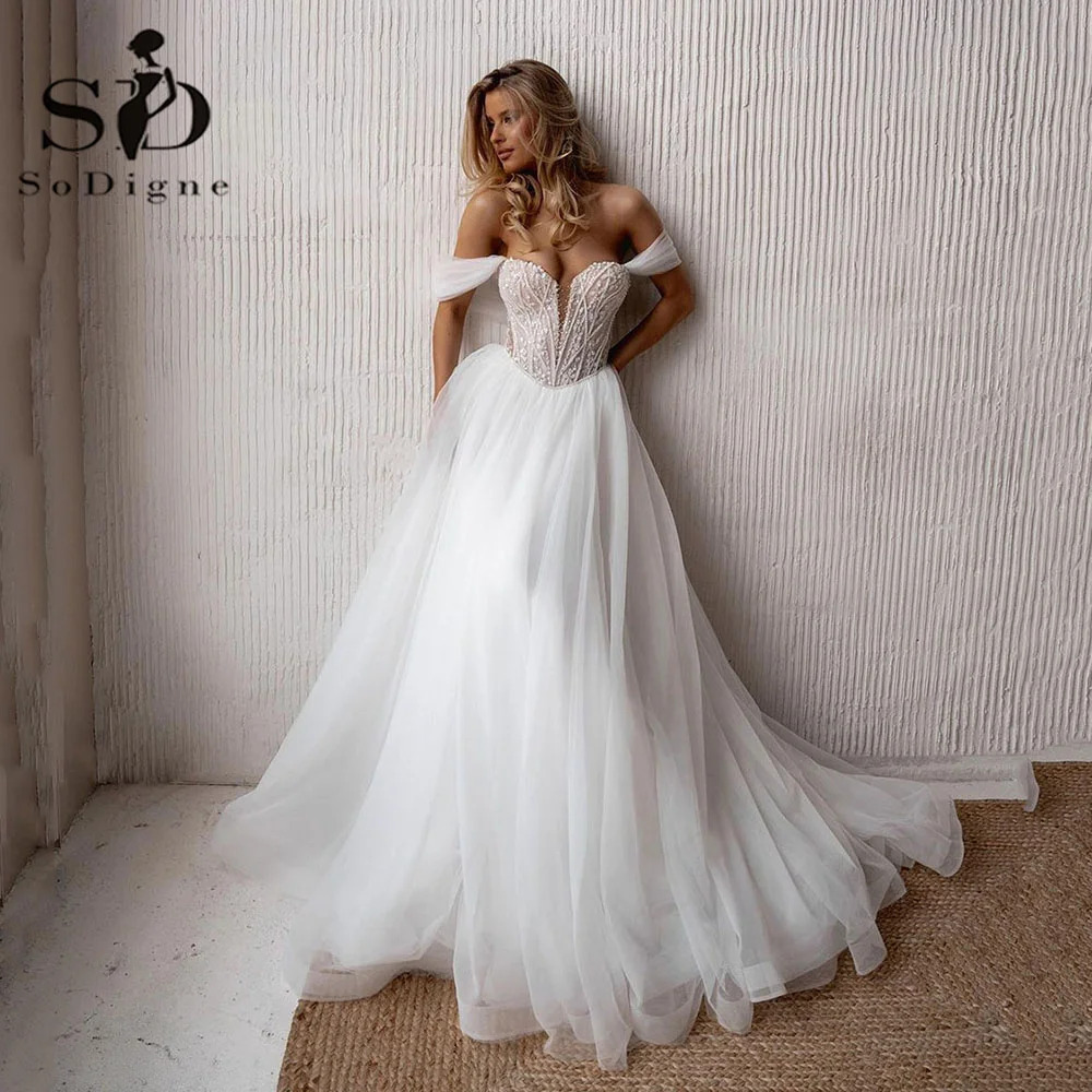 

SoDigne Exquisite Off The Shoulder Wedding Dresses Lace Appliques A-line Tulle Princess Wedding Gowns For Women Brides Gowns