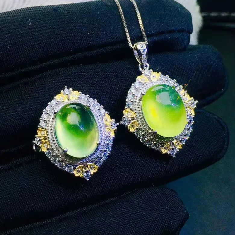 

KJJEAXCMY Fine Jewelry 925 sterling silver inlaid natural Egg noodles Prehnite female ring pendant set luxury New Gift