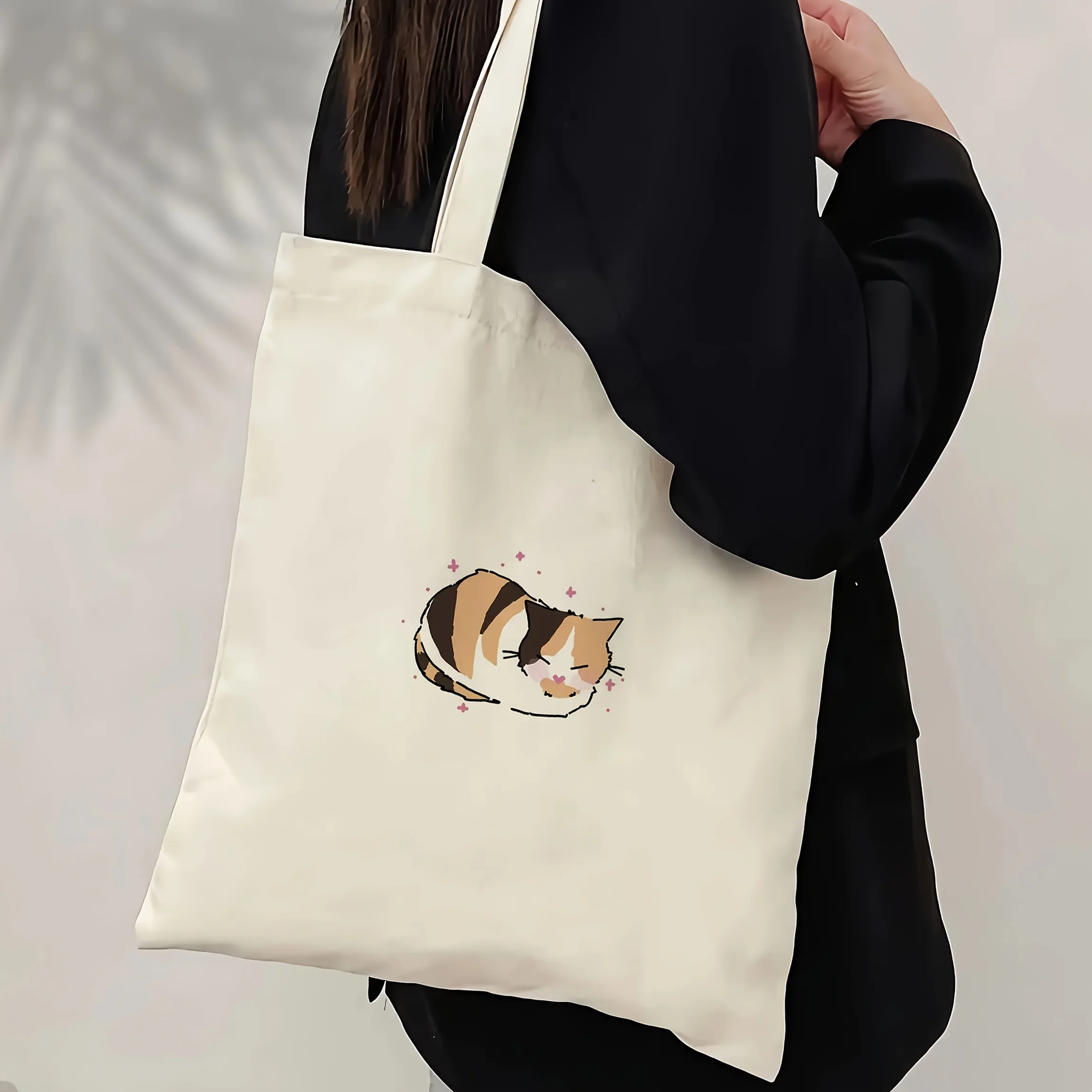 A Three-Colored Cat Tote Bag, Simple Style Sleeping Kitten Print Shoulder Bag, Student Daily Commuting and Shopping Handbag - Three-Colored Cat Pattern