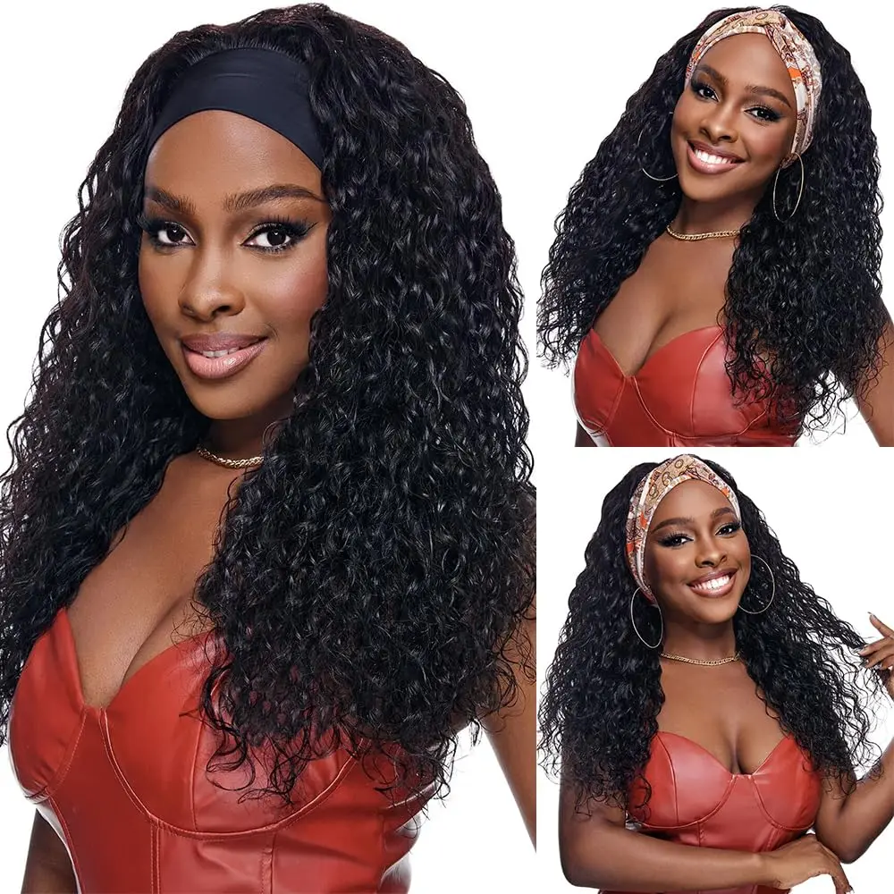 Peluca con diadema de cabello humano, peluca con ondas profundas, hecha a máquina, diadema rizada profunda, peluca Bob de 30 y 34 pulgadas, pelucas de cabello humano para mujeres