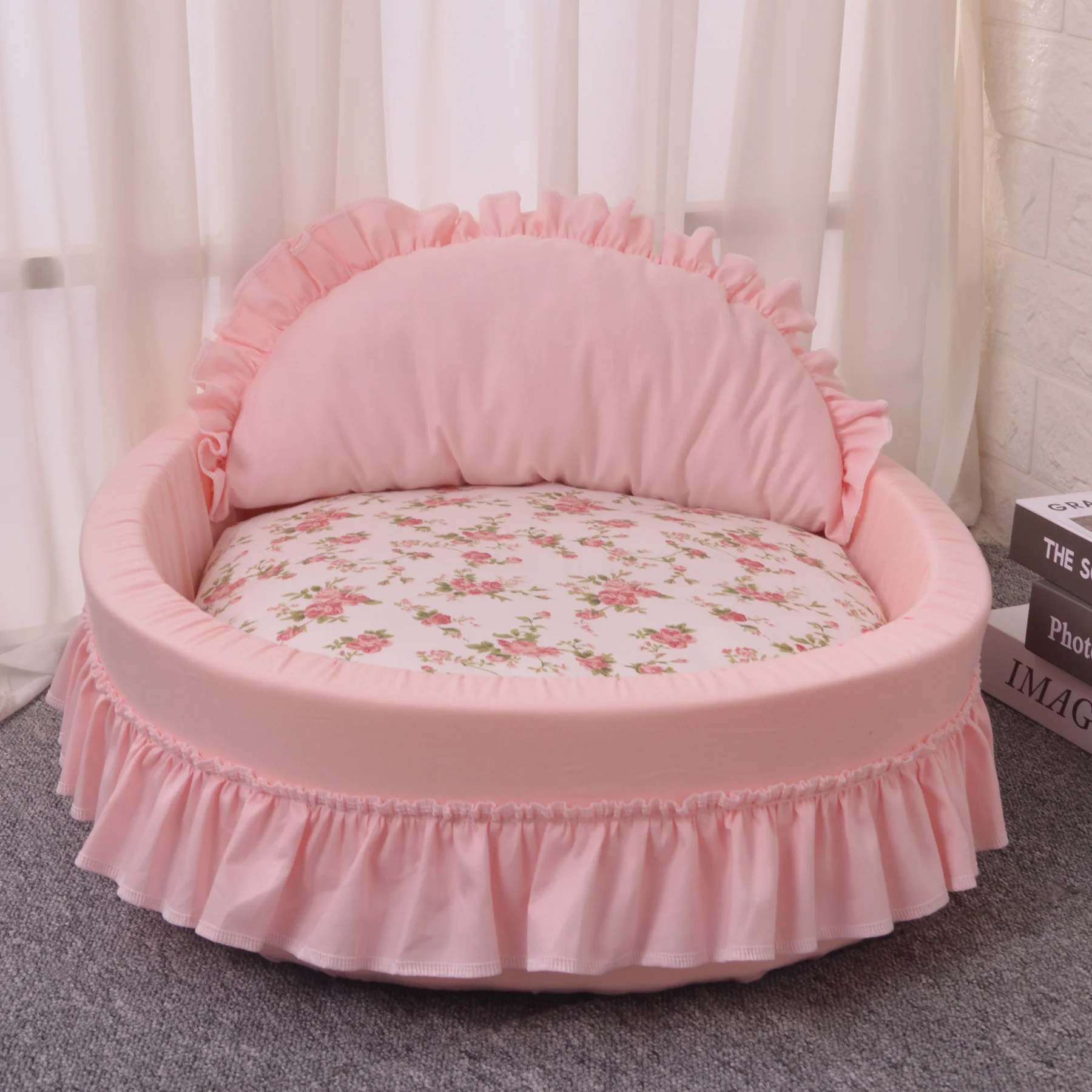 SmileyTails Pet Nest Luxury Princess Cozy Bed Sofa - Dog Cat Puppy Kitten Kennel Nest Couch Cushion Pink Removable Washable