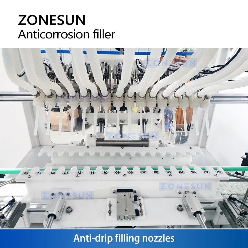 ZONESUN ZS-XAF16 Automatic 16 Head Acid & Alkali Filling Machine for Angled Nozzle Bottle Corrosive Liquid Filler