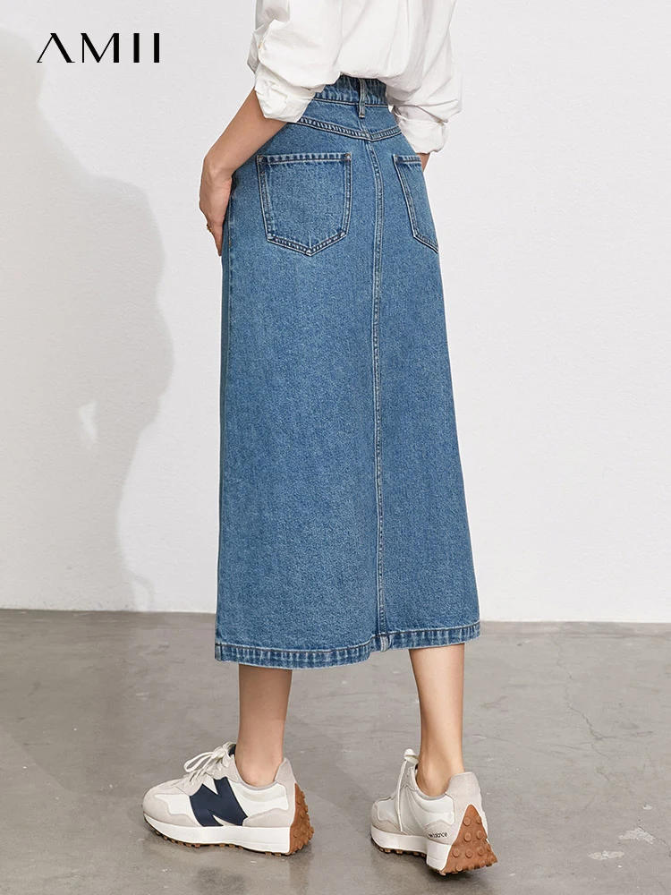 AMII Minimalism 2023 Summer New Women Skirts Retro Fashion Letter Printed Patchwork Office Lady Chic Female Denim Skirt 12322037