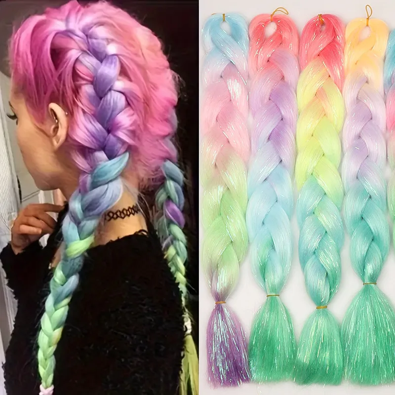 Colorful Jumbo Glitter Braids - Long Straight Synthetic Crochet Hair Extensions Ombre Rainbow For Women For Christmas & Hallowee