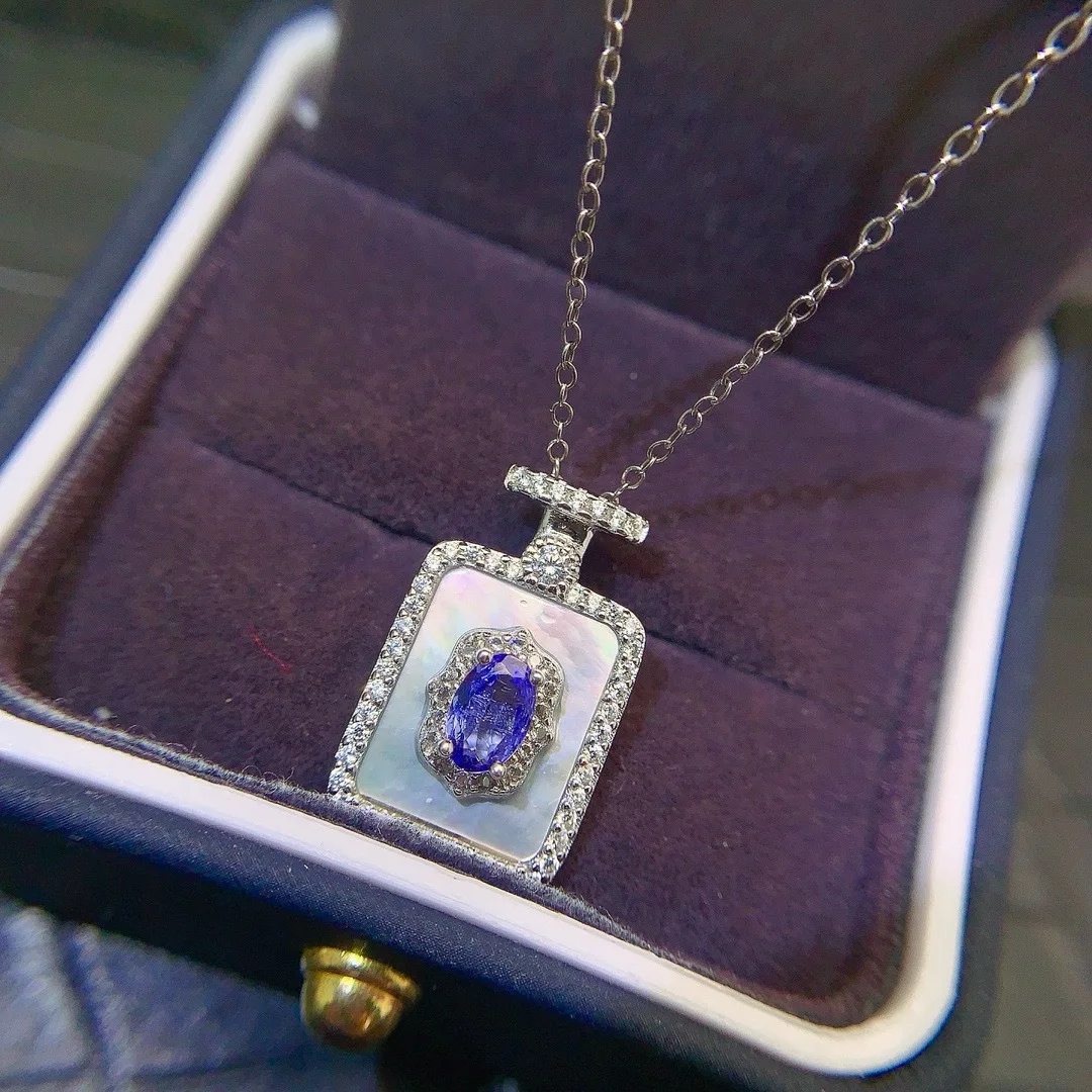 KJJEAXCMY Boutique Jewelry Girl Pure Natural Tanzanite Necklace Pendant 925 Pure Silver Plated Platinum Rectangular Christmas Gi
