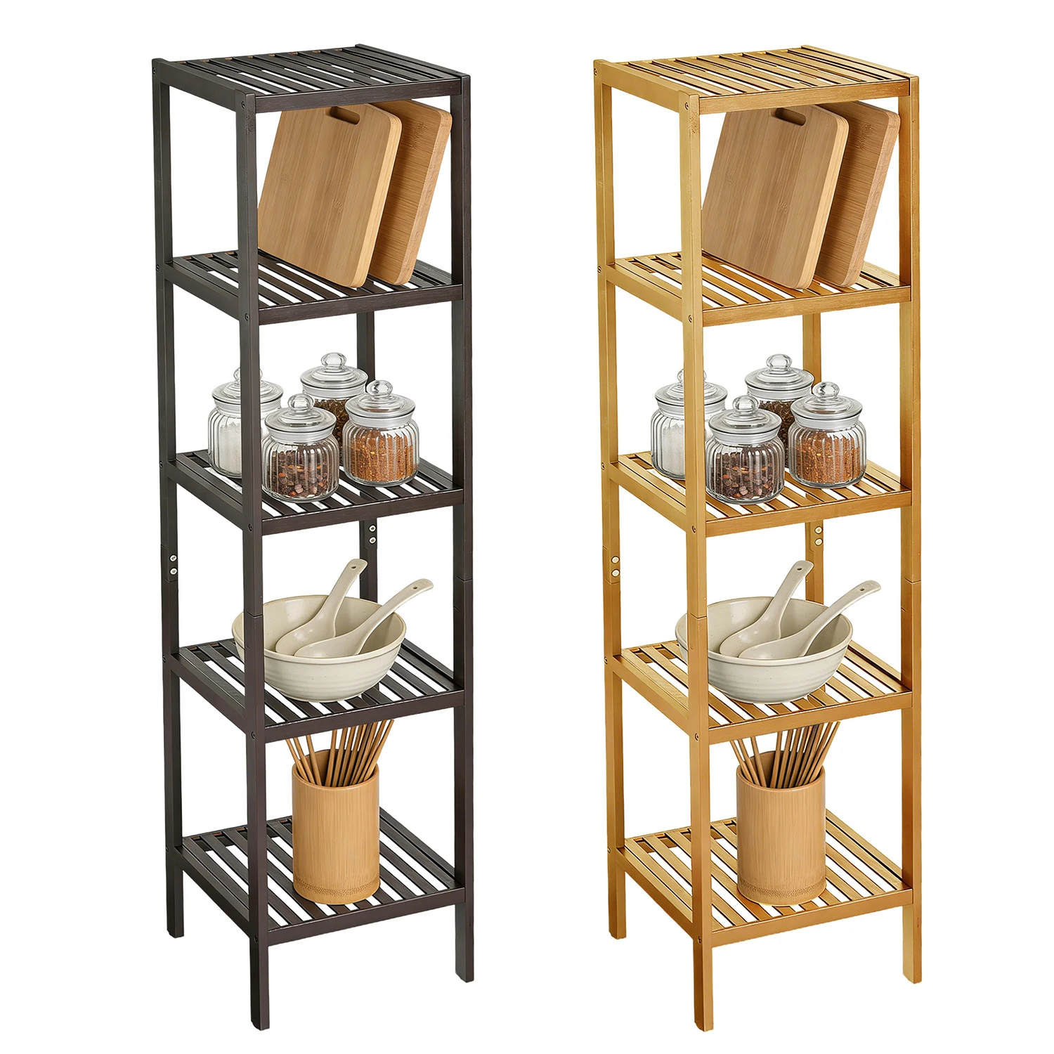 HiMISS, scaffale in bambù a 5 ripiani, mobiletto angolare stretto da posizionare a terra, con ripiani a listelli, ideale per bagno, cucina, soggiorno, lavanderia e garage.