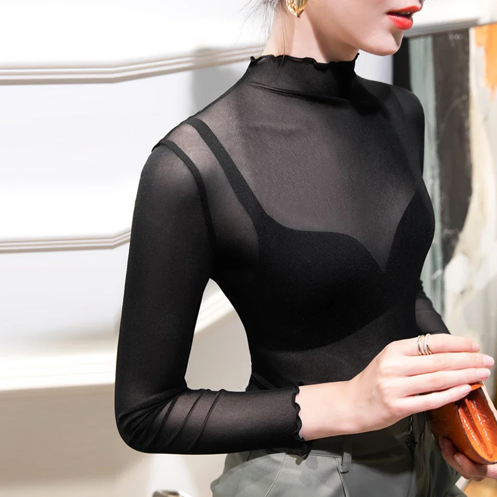 Femmes rose rouge violet noir bleu gris blanc T-Shirt maille transparente T-Shirt Sexy Club fête mince femme Blouse à manches longues hauts