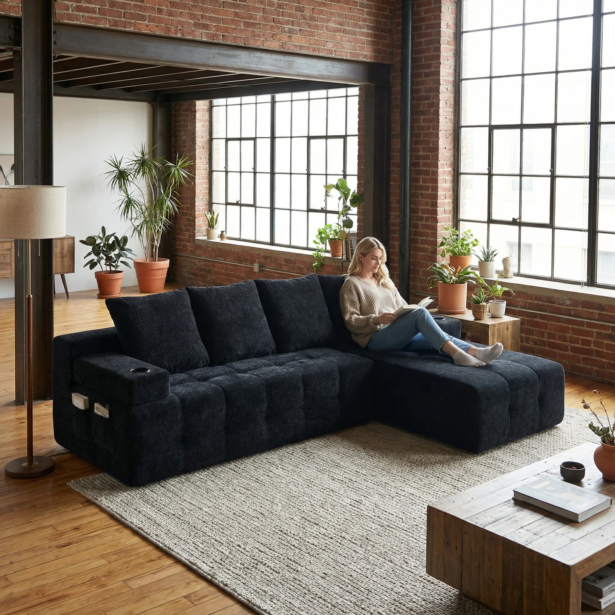 Sofá en L de Felpilla Minimalista con Chaise Longue Reversible, Sofá Seccional Sin Montaje con 2 Portavasos y Bolsillo Lateral, Muebles Cómodos para Sala de Estar y Apartamentos Pequeños
