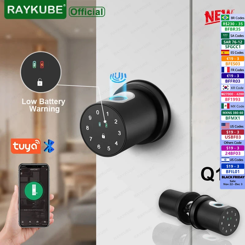 NEW RAYKUBE Q1 Electronic Lock Tuya Smart Lock Knob Bluetooth Smartlife Cylindrical fingerprint Electronic Code Lock APP Control