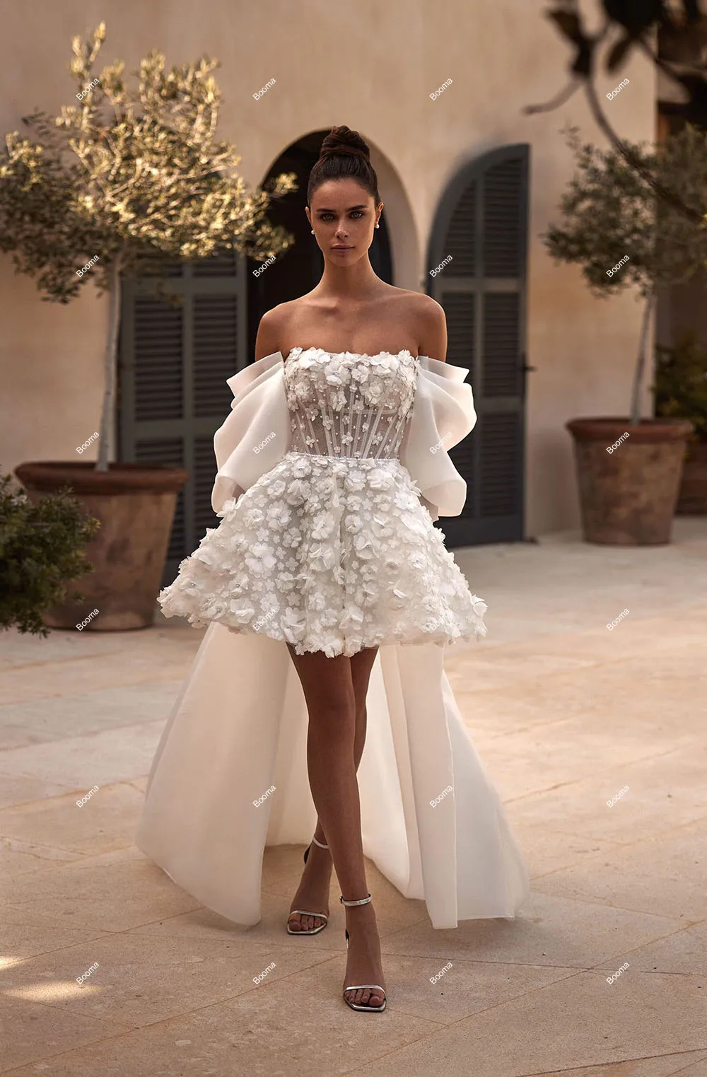 Booma-Robe de mariée courte A-ligne, robes de soirée de mariage, hors initié, fleurs 3D, robe de mariée en dentelle avec poignées, train amovible, tout ce qui est personnalisé