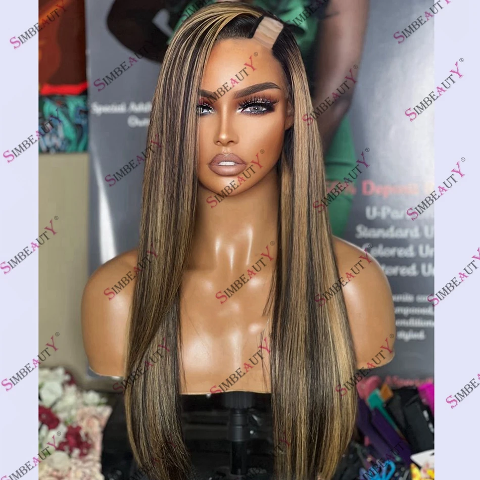 

Silky Straight Honey Blonde Highlight Glueless U Part Wig for Women Remy Human Hair Right Side Openning U Part Wig for Women