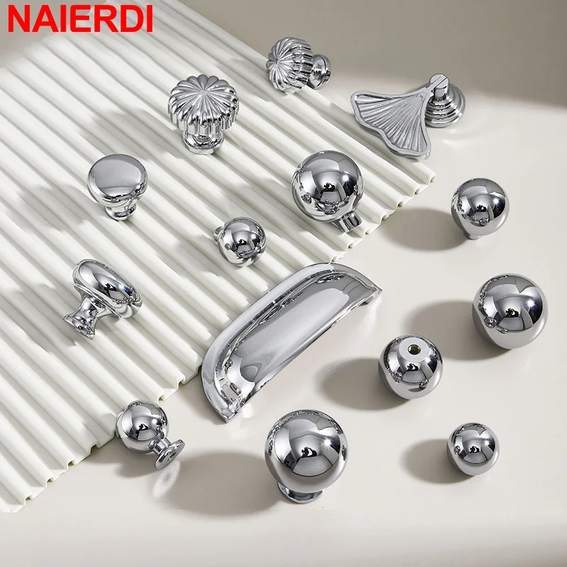 NAIERDI Brass Silver Furniture Handles Bright Chrome Kitchen Cabinet Handle Cupboard Door Pulls Dresser Drawer Knobs Hardware