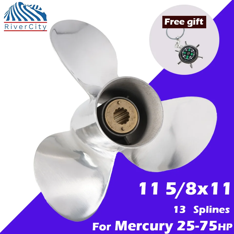 

River City Right 11 5/8 x11 for Mercury Outboard Propeller 25-75HP 3 Blade 13 Spline Stainless Steel Ship Marine Engine