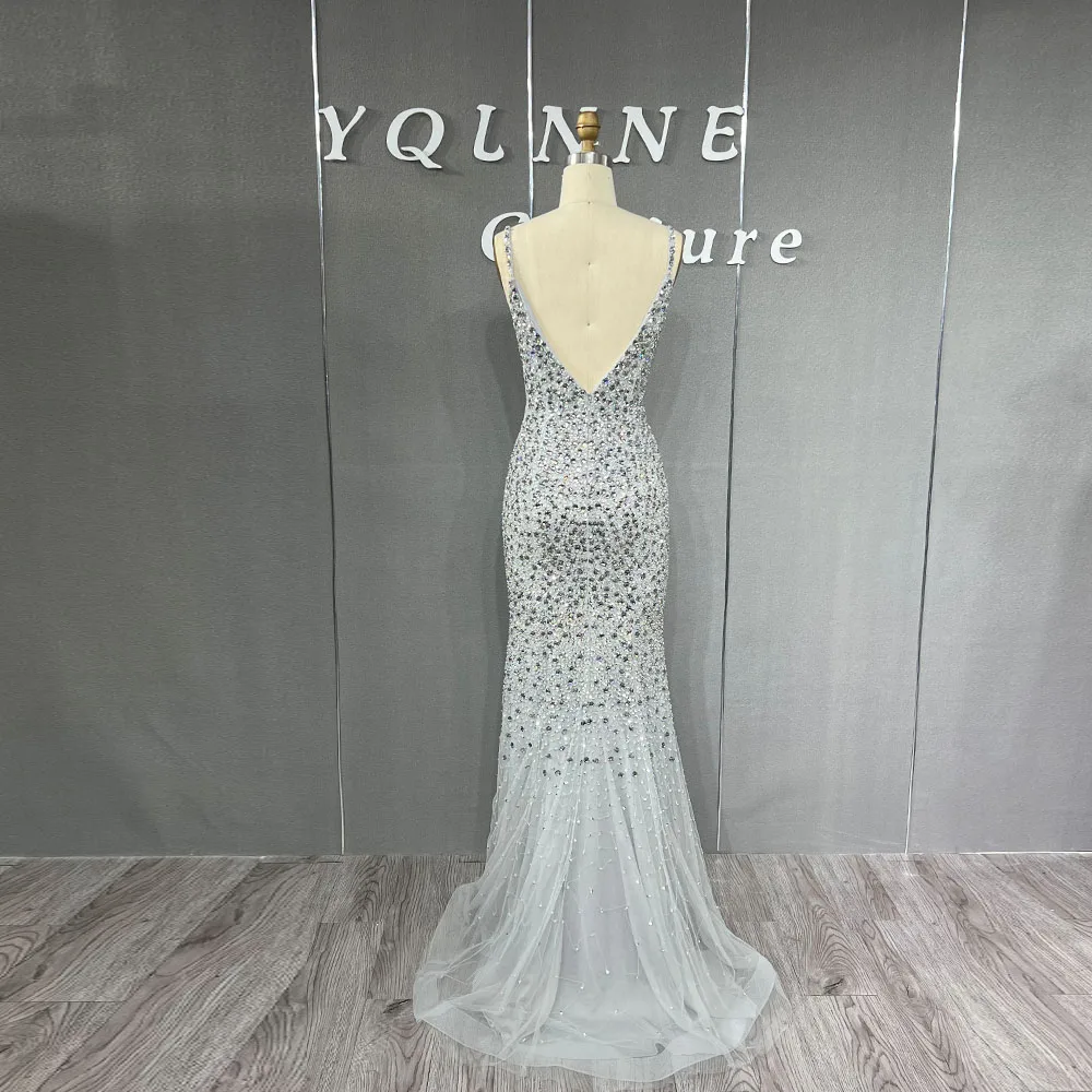 YQLNNE Luxury Silver Rhinestones Long Split Evening Dresses Handmade Tulle Beaded Sequins For Women Party Gown Mermaid