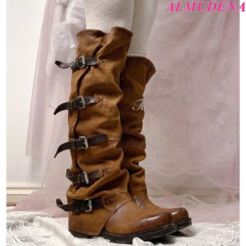 Vintage Wasteland Brown Buckled Knee High Boots Round Toe Flats Chunky Heel Women's Long Boot Luxury Designer Pleated Shoes