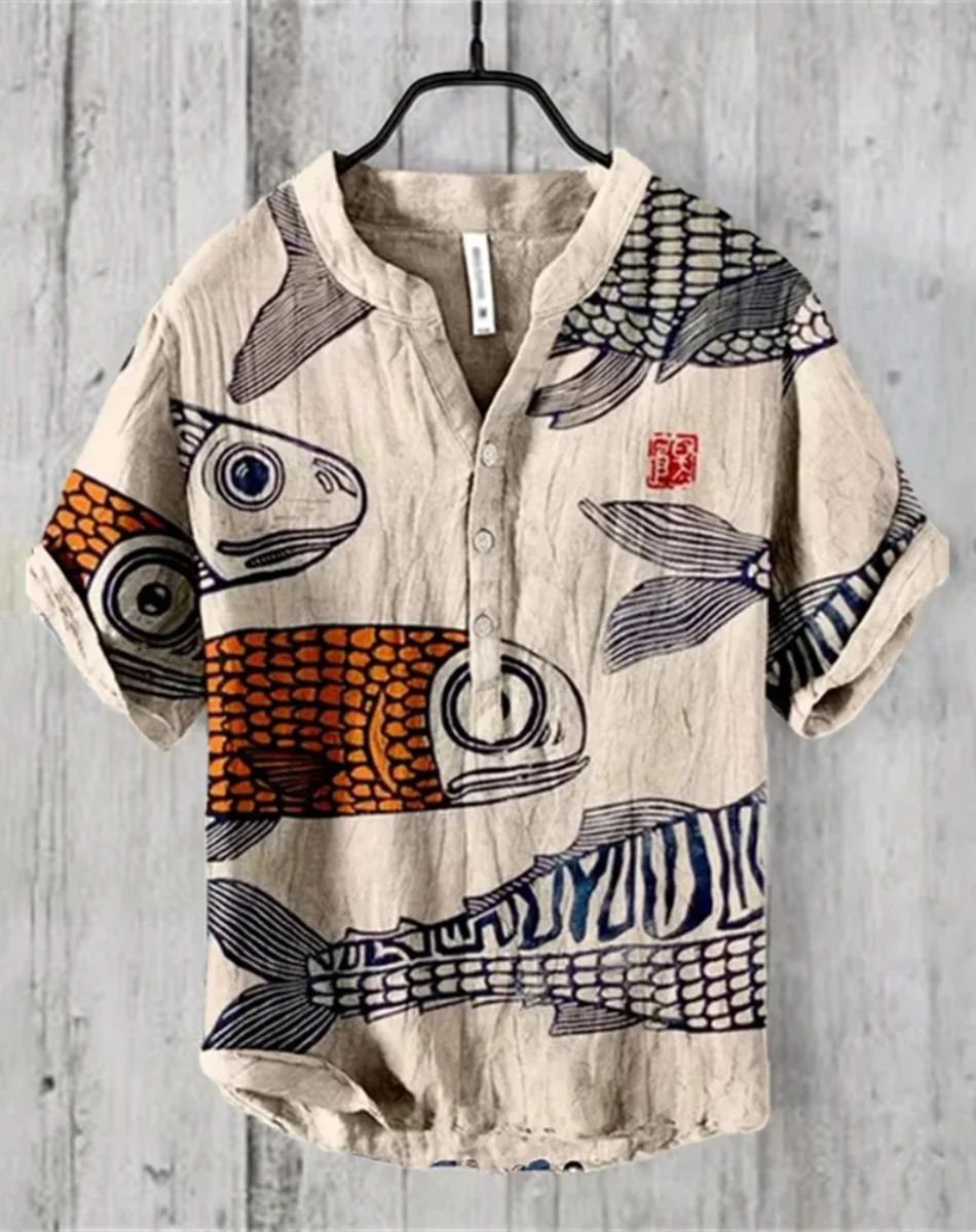 Henry Shirt - เสื้อยืดลําลองแขนสั้นผู้ชายใหม่ ท็อปส์ซูชุดลําลองทุกวัน เสื้อผ้าพิมพ์ลายปลา ไซส์ S ถึง 5XL