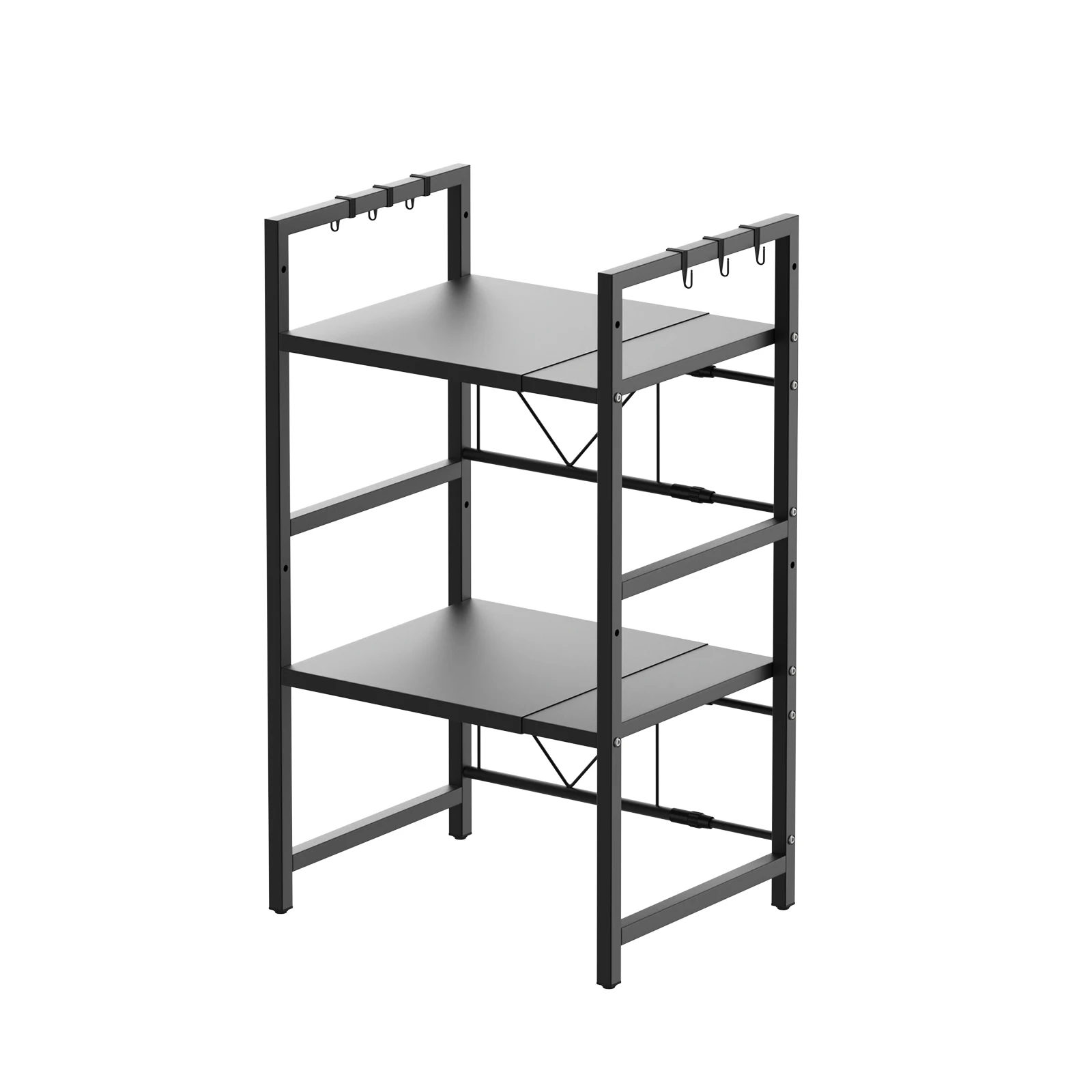 Schwarzes, erweiterbares Küchenregal mit 3 Ebenen, höhenverstellbarer Mikrowellenhalter mit 6 Haken, platzsparender Organizer – Detail 1
