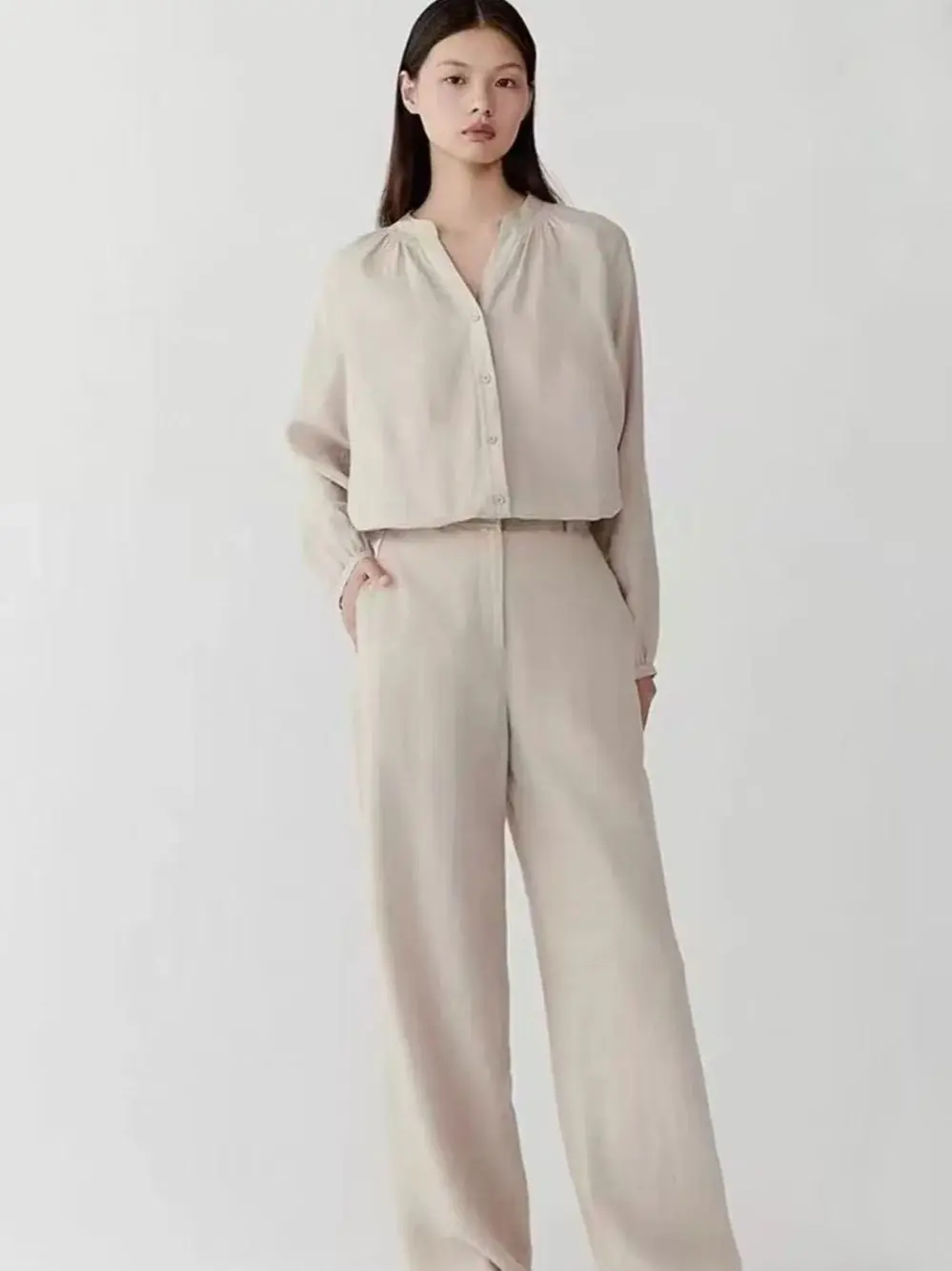 

Casual women's solid color loose linen shirt and wide leg pants