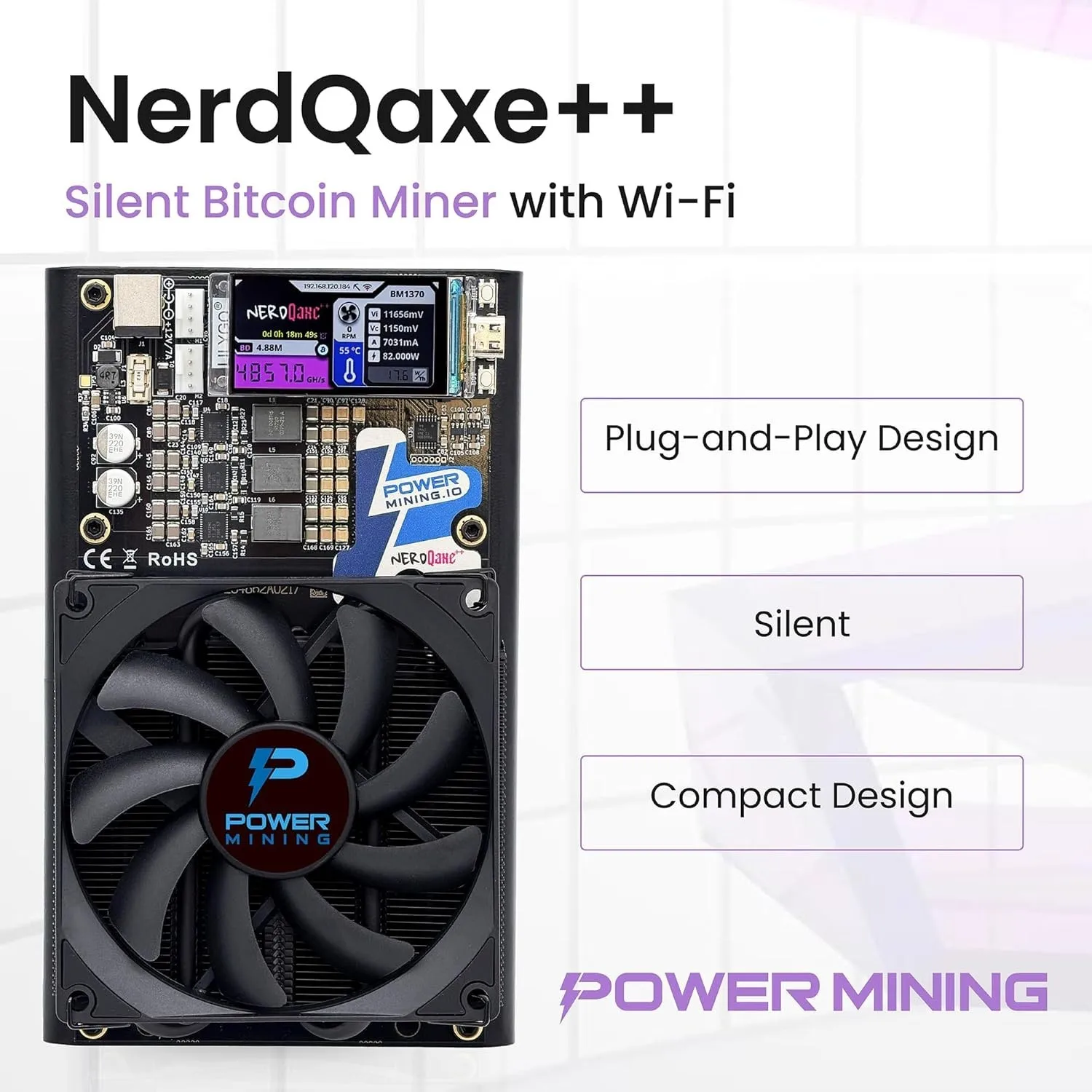 

HM BUY 2 GET 1 FREE NerdQaxe++ Silent Bitcoin Miner – 6 TH/s @ 100W Includes 12.4V 10A Power Supply!