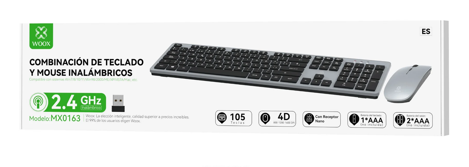 Woox Mx0163: draadloos toetsenbord en muis, 2,4 GHz. |     Stil toetsenbord met 105 toetsen, Spaans, inclusief polssteun. |     4D ergonomische muis, 800-1600 dpi. |     Plug-and-play USB