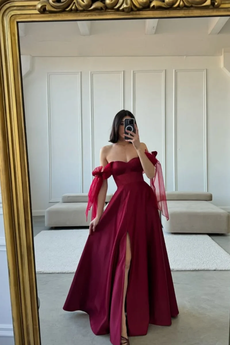 Jessica Spaghetti Strap Red Evening Dresses Satin Side Slits Prom Dresses A-line Elegant Lady Vestidos De FiestaCustomized