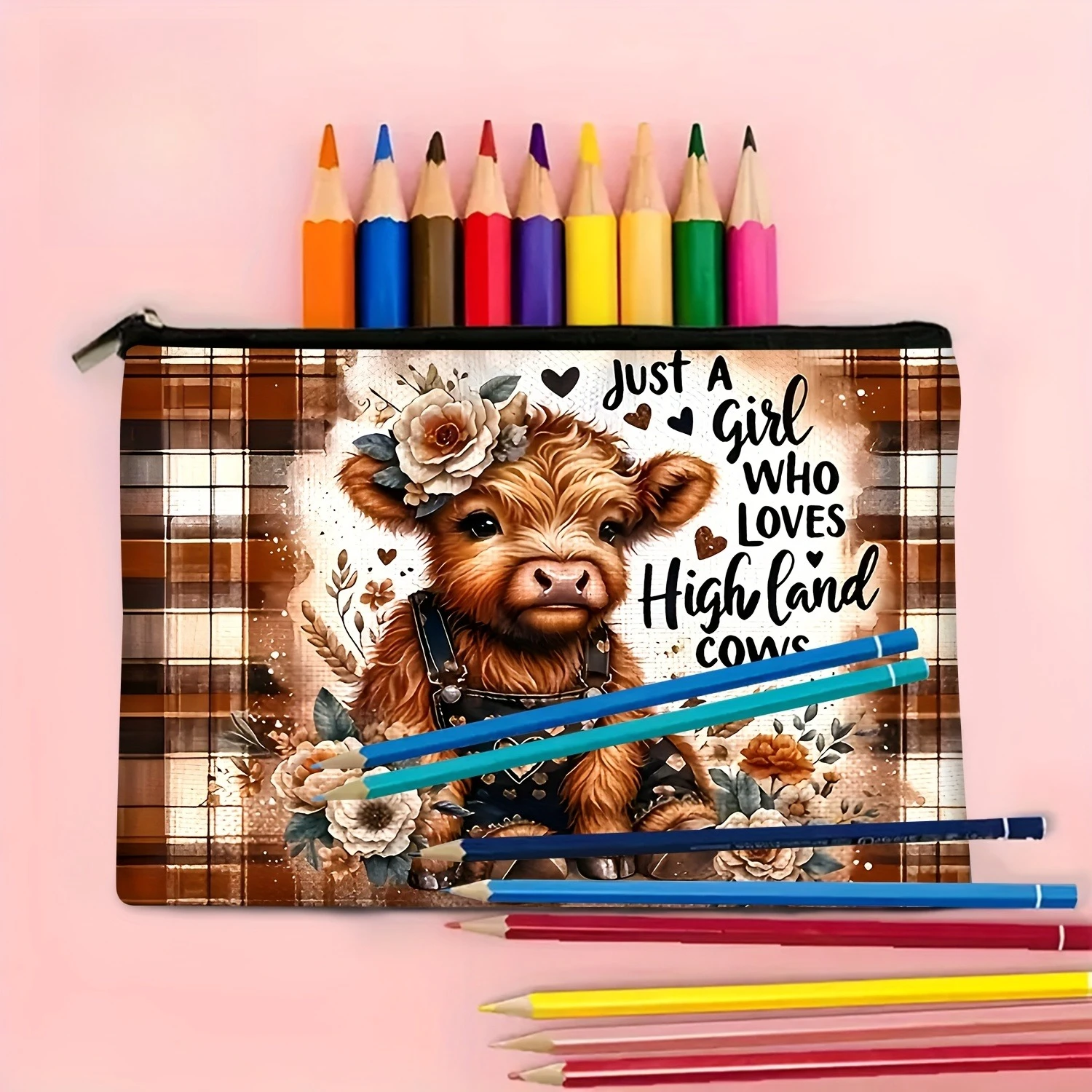 1Pc Cute Highland Cow Floral Retro Design Multifunctional Travel Makeup Bag, Snack Storage Bag, Stationery Storage Bag, Fashionable Toiletry Bag, Canvas Double-Sided Printed Storage Bag
