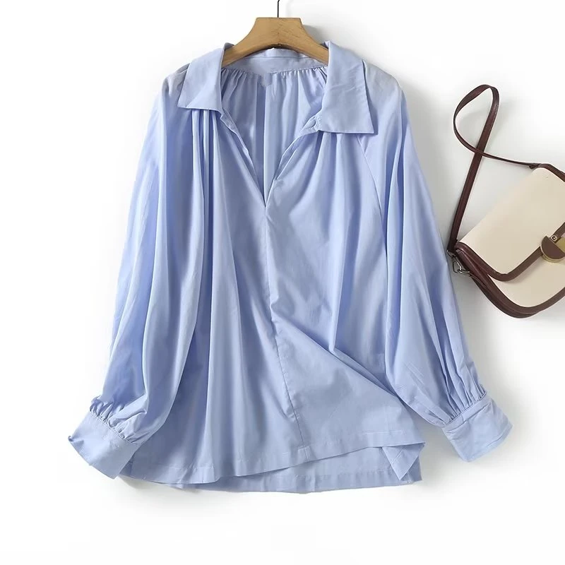 

Maxdutti British Office Lady Blouse Women Elegant Cotton Casual Top Sky Blue Loose Pleated Fashion Loose Shirt Female