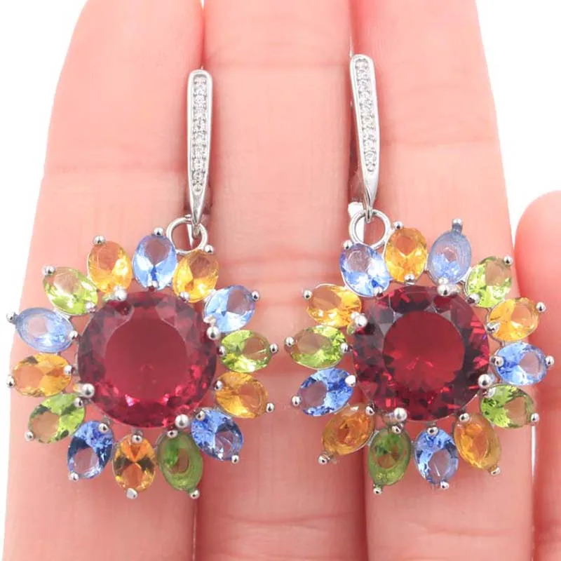 42x26mm Multi Color 11g Round Pink Tourmaline Citrine Peridot Violet Tanzanite Engagement 925 Solid Sterling Silver Earrings