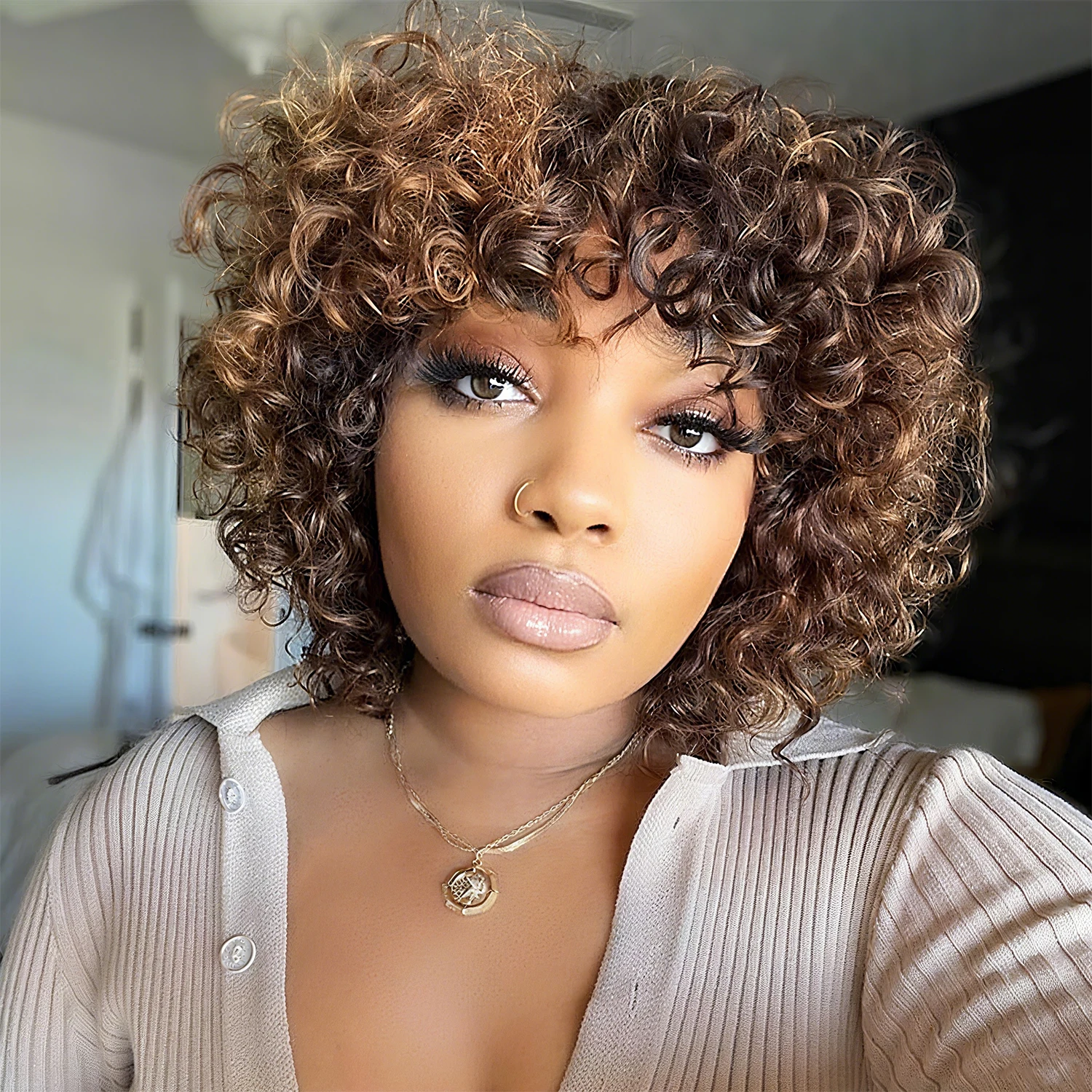 

Fashion Highlight Human Hair Wig With Bangs Short Curly bob Bouncy Curly Wig For Women 200% Density Non Lace Front Bob Wigs