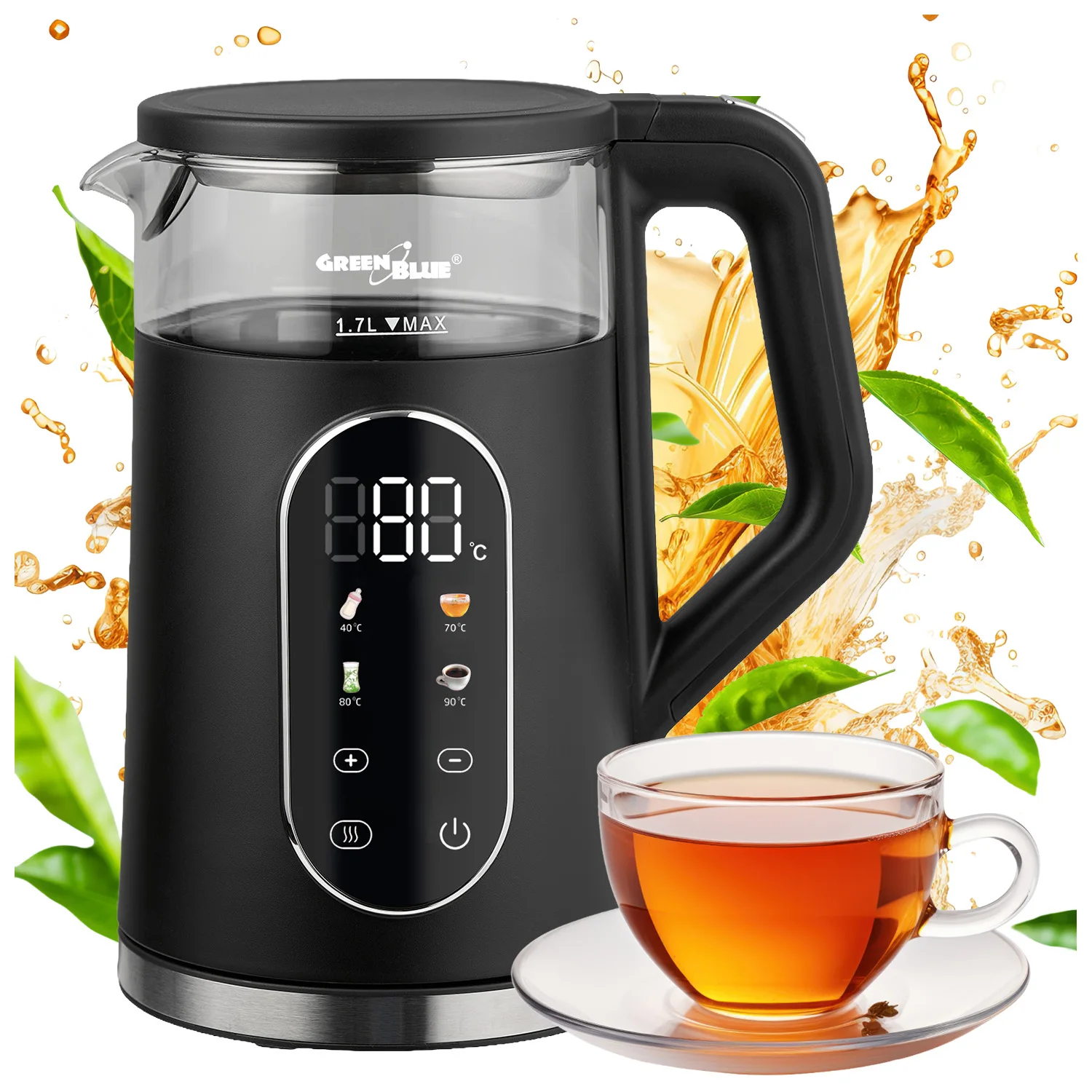 Hervidor eléctrico inalámbrico con capacidad de 1.7L, tanque de agua de vidrio, temperatura legible, 2200W, GB670 B, verde-azul