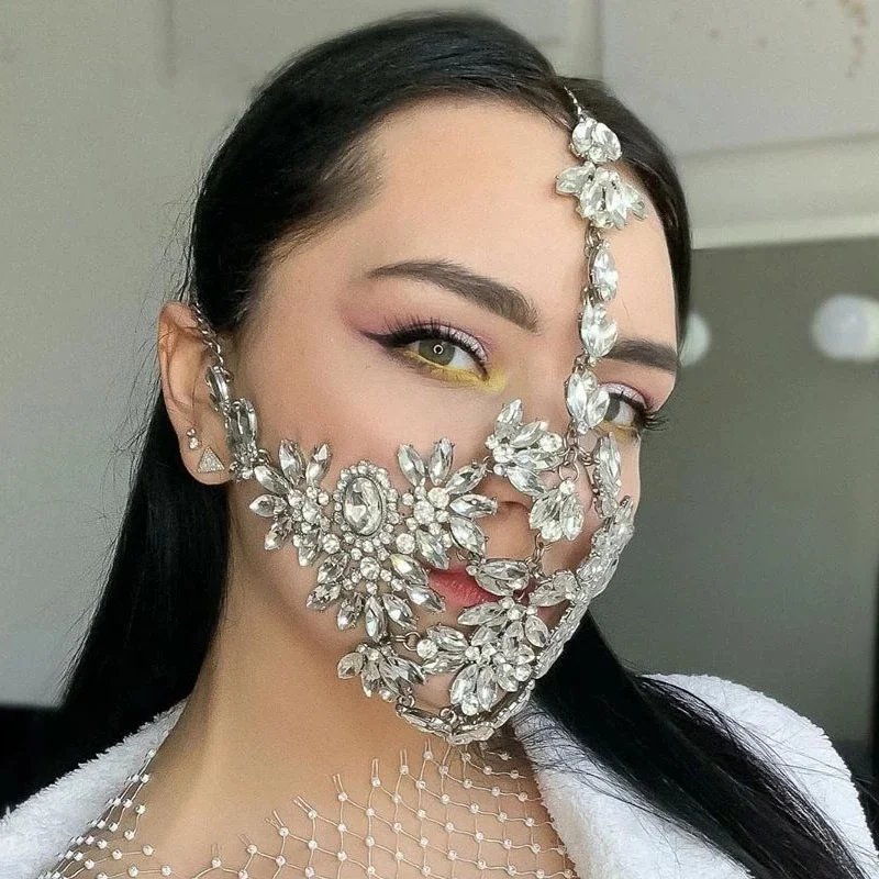 Fashion Shines Half Face Mask With Rhinestones Jewelry For Face Women Halloween Carnival  Reusable Party Decoration Accessories