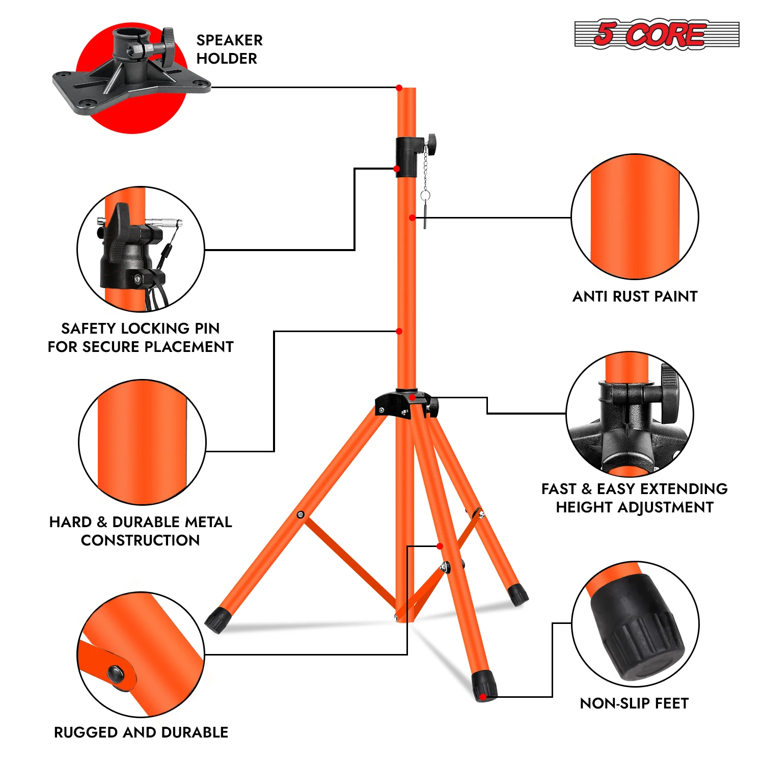 5 Core Speaker Stand Tripod 72 Inch DJ Studio Monitor Stands SS HD 2PK ORG WOB
