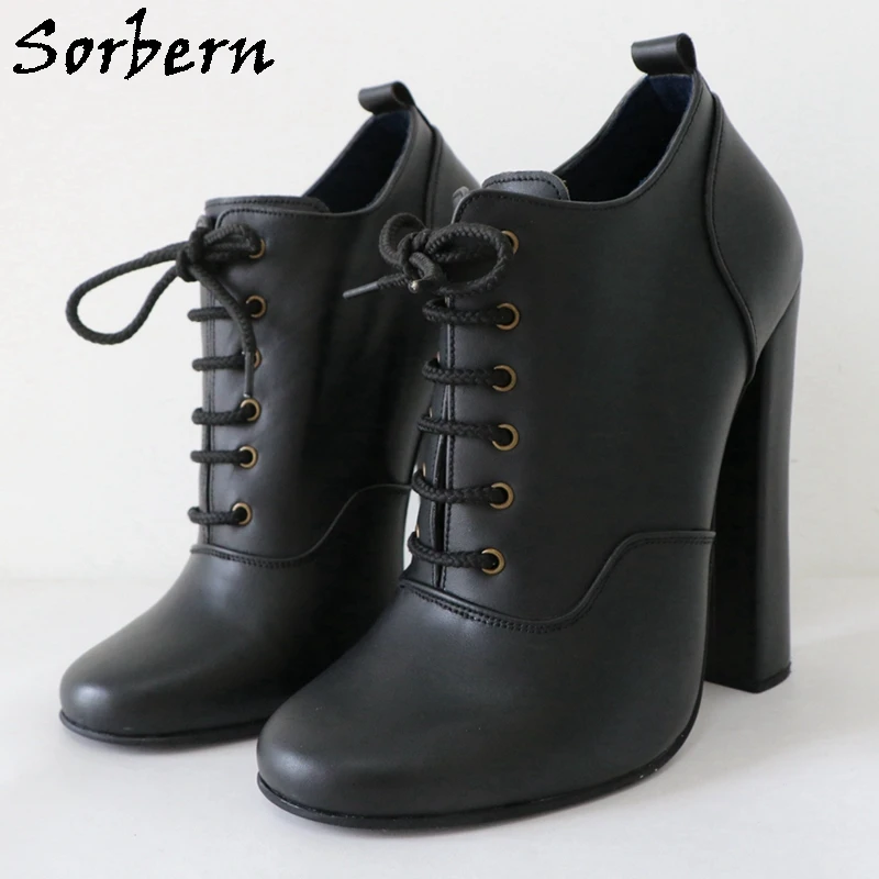 Sorbern Real Leather Pump Shoe Unisex Block High Heel Round Toe Lace Up Fetish Chunky Heeled Black 16Cm Shoe Custom Colors