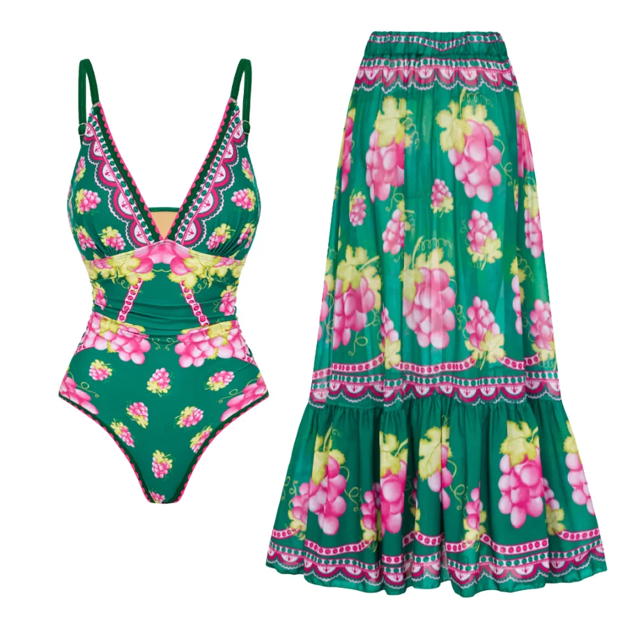 

Women's Vintage Swimsuit Set, Deep V Retro Green Grapes Print Swimwear, Beachwear, Bathing Suit, Bikini, Monokini, 2Pcs