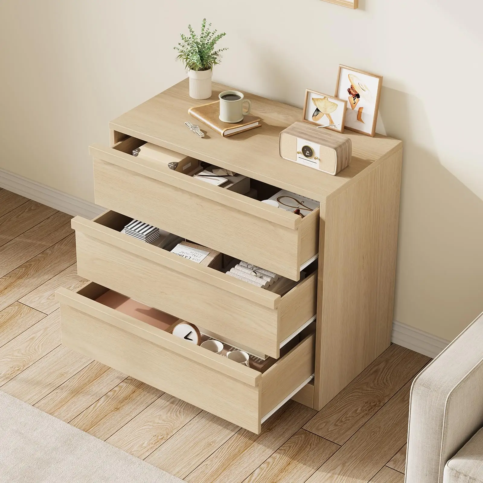 Buffet élégant et stable en bois 75x40x78cm, commode avec design anti-basculement, beaucoup de rangement pour chambre à coucher, salon, couloir ou chambre d'enfant, bois naturel