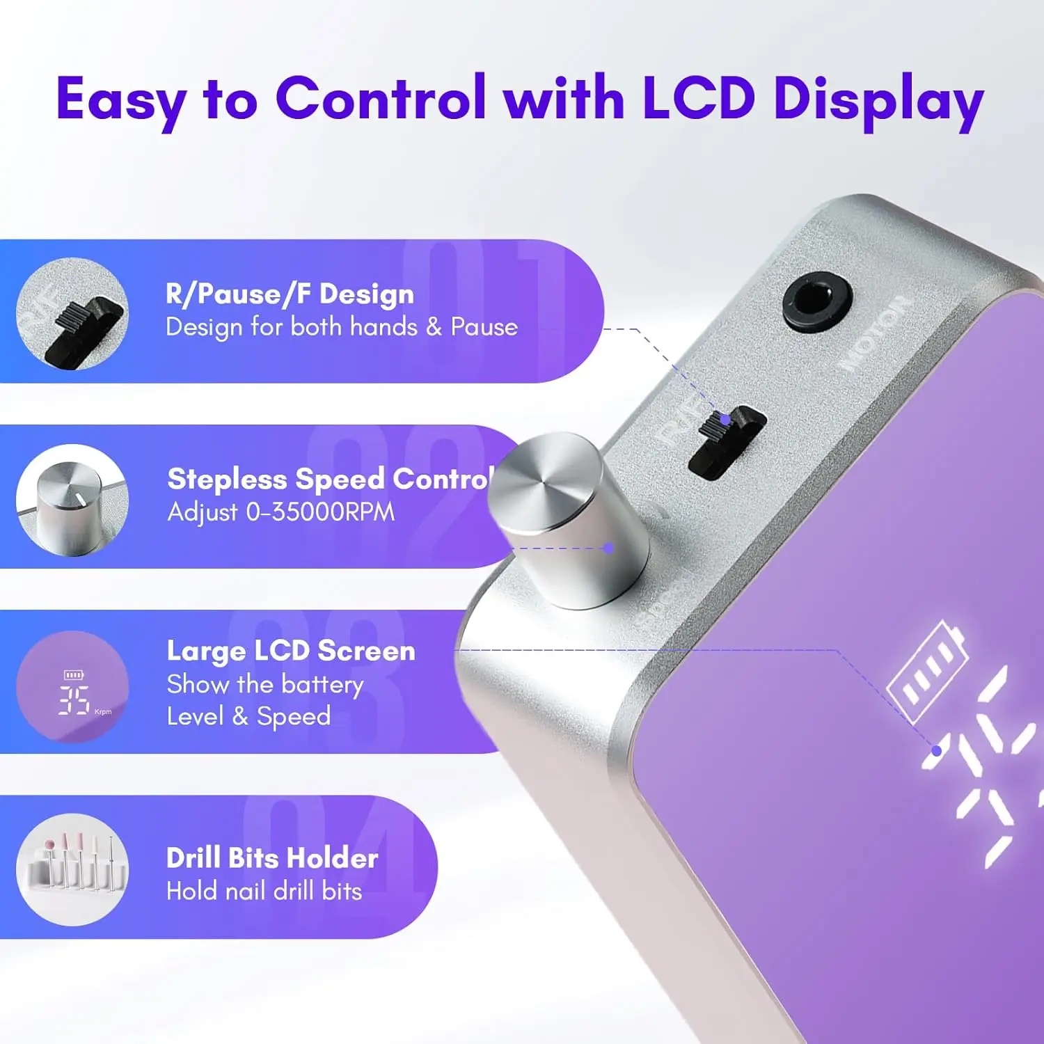プロ用ネイルドリルマシン - 35000RPM電動ネイルファイル、60Wコアレスモーター搭載、2in1卓上＆携帯用充電式