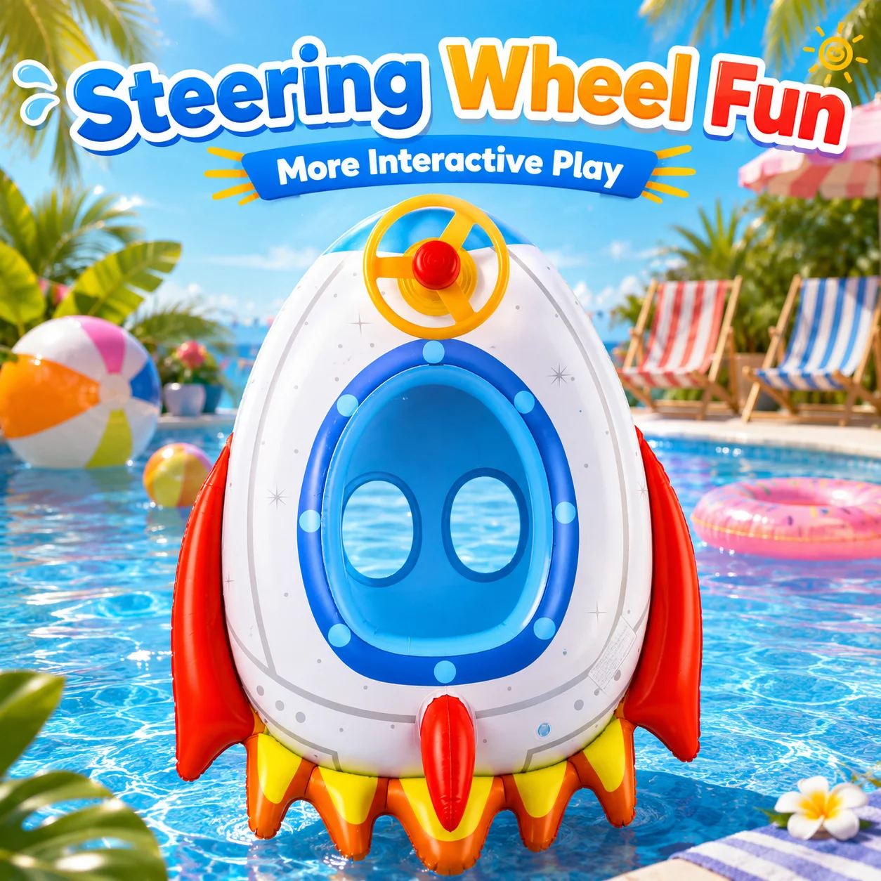 1PC Inflatable Rocket Pool Float Seat with Steering Wheel, Stable Ride-On Water Float, Quick Inflation Leak-Proof Floating view 3