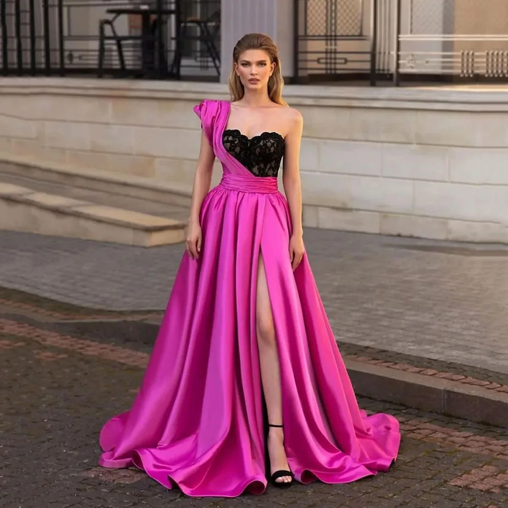 

SoDigne Fuchsia A Line Evening Dresses Black Lace One Shoulder Prom Gown Side Split Long Elegant Evening Gown Formal Party Dress