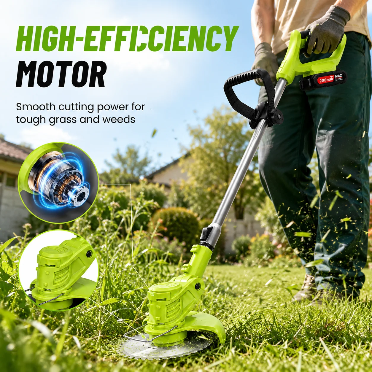 Tolife Cordless Weed Wacker String Trimmer, 2×2000mAh Battery Powered Electric Grass Trimmer, Adjustable Telescopic Pole Weed Eater with Metal Saw Blades, Full Accessory Kit for Lawn Yard Garden Weed Grass Cutting